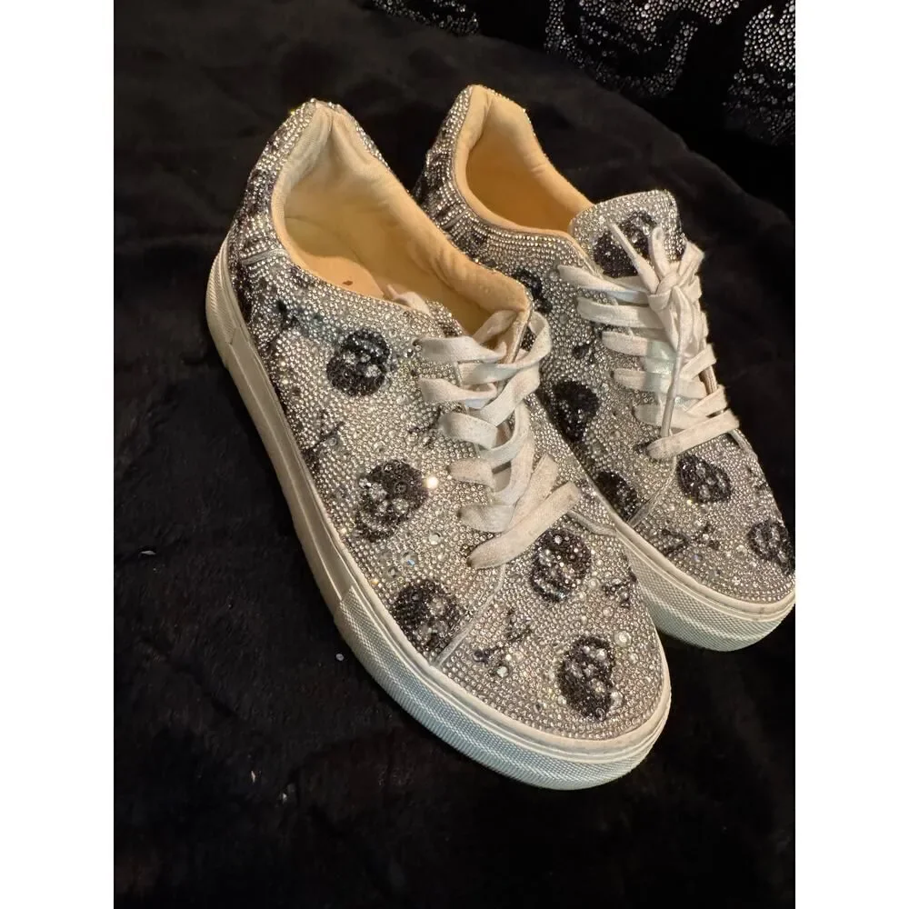 Betsey Johnson rhinestone crystal skull womens mid sneakers sz 9.5